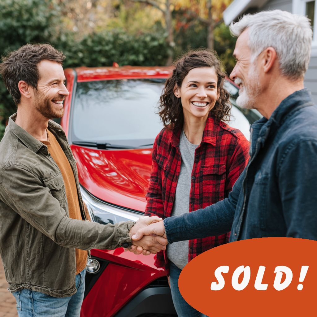 Happy couple completing a private car sale with cash